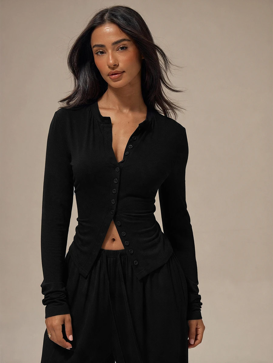 MUSERA ESSENTIALS Marl Grey Button Up Front Placket Crew Neckline Fitted Long Sleeve Slim Fit Top Basics Loungewear Casual Everyday Essentials - Black - View 1