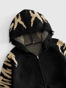 ROMWE MEN Men Graffiti Letter Graphic Distressed Zip Up Hooded Knit Cardigan, Contrast Grunge Streetwear Sweater - Black - View 6