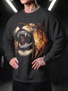 GymBeat Men's Crew Neck Workout Long Sleeve T-Shirt, Roaring Lion Rhinestone Effect Print Loose Gym Training Top - Multicolor - View 3