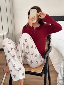 Napfluff Set Piyama Wanita Kasual Lengan Panjang dan Celana Panjang dengan Motif Pita Bergaris Halus - Merah - View 8