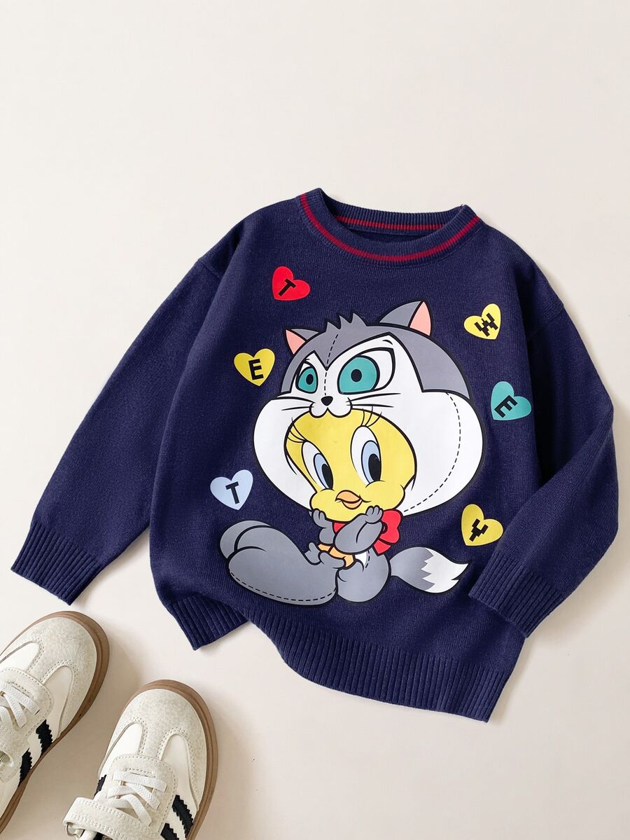 SHEIN X Care Bears 女童卡通圖案休閒日常長袖針織衫 - 寶藍色 - 查看 1