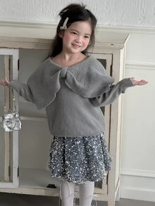 DAZY Young Girl Solid Color Long Sleeve Top And Sequin Shorts Knit Set - Grey - View 5