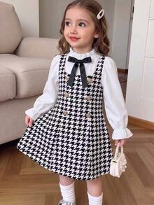 Elladie kids Young Girls Houndstooth Mock Neck Bow Decor Fake Two Pieces Patchwork Elegant Autumn Princess Dress - Black - View 1