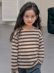 Dazy Kids Tween女孩條紋寬鬆休閒長袖基礎內搭T恤，秋季 - 卡其色 - 查看 7