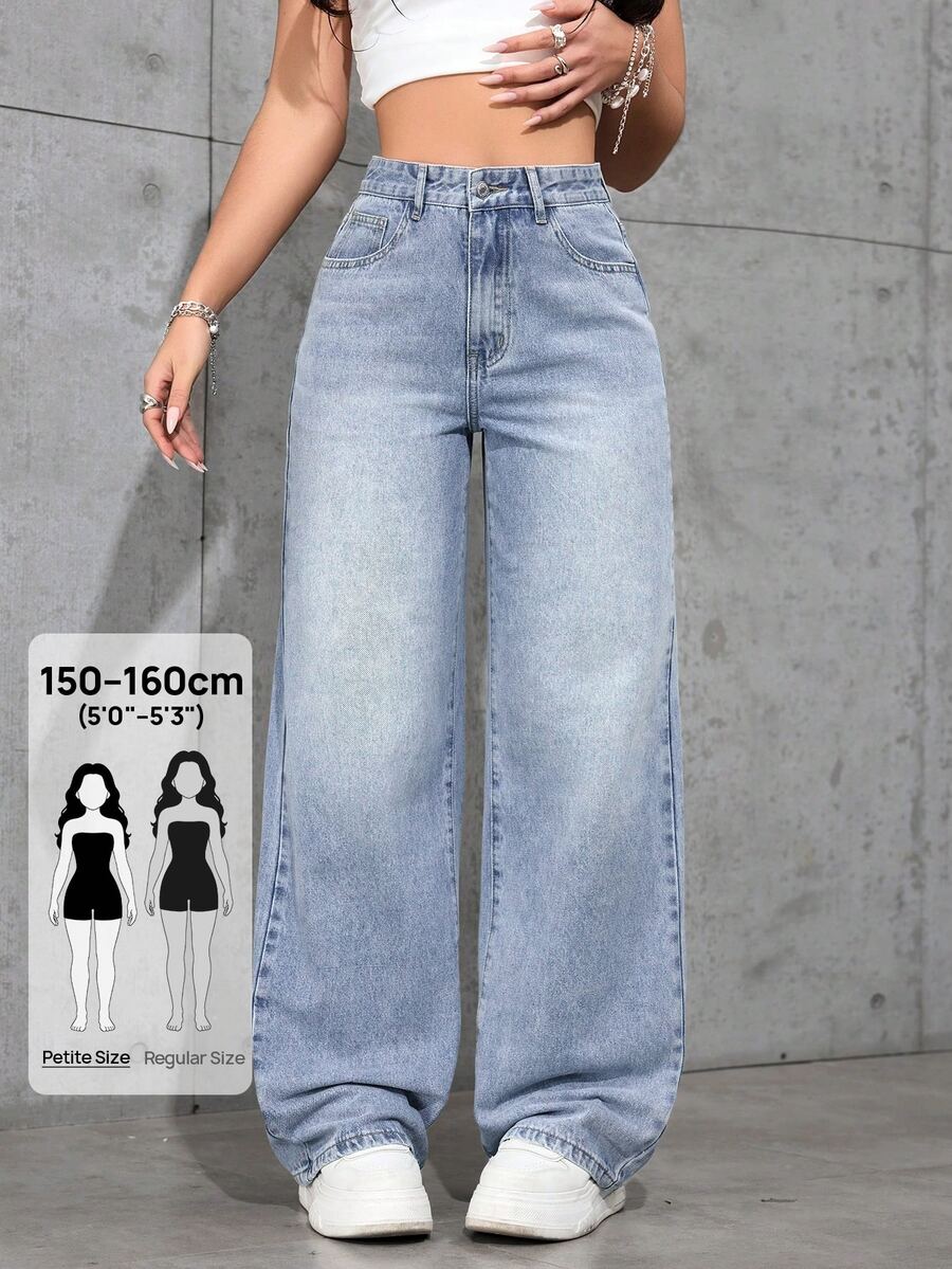 Jeanoix Petite Women's Outdoor Fashion Versatile Petite Blue Wide Leg Jeans - Light Wash - View 1