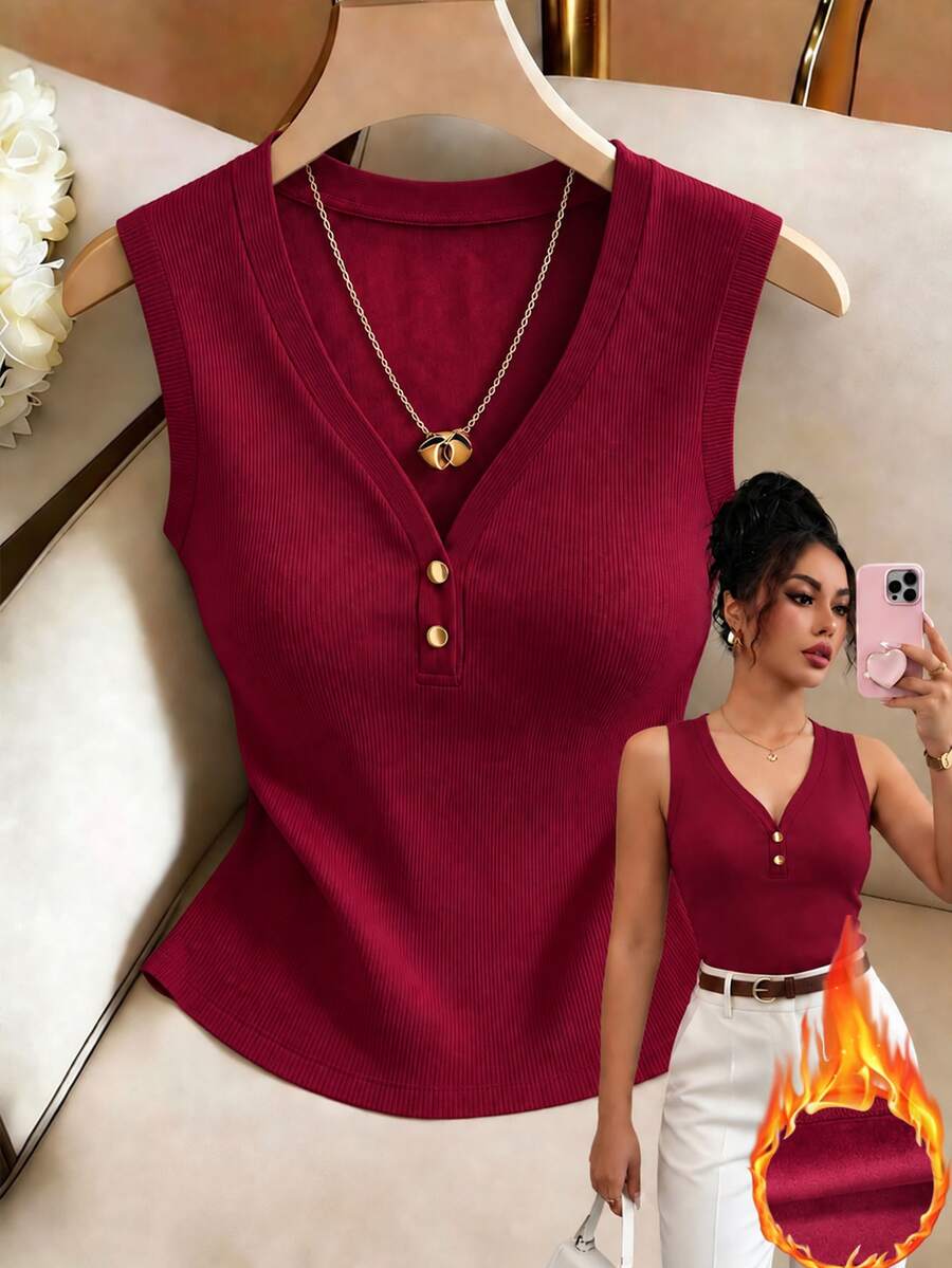 Franclia Women's Solid Color Button Design V-Neck Casual Versatile Tank Top - Burgundy - View 1