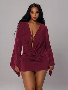 Rustia Fashionable Cowl Neck Bodycon Ruched Sexy Elastic Dress Fall Christmas - Burgundy - View 1