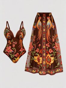 Swim Oasis Plus Size Women Floral Print One-Piece Swimsuit And Skirt, Suitable For Beach Vacation, Pool Party, Beach Party - Multicolor - View 1