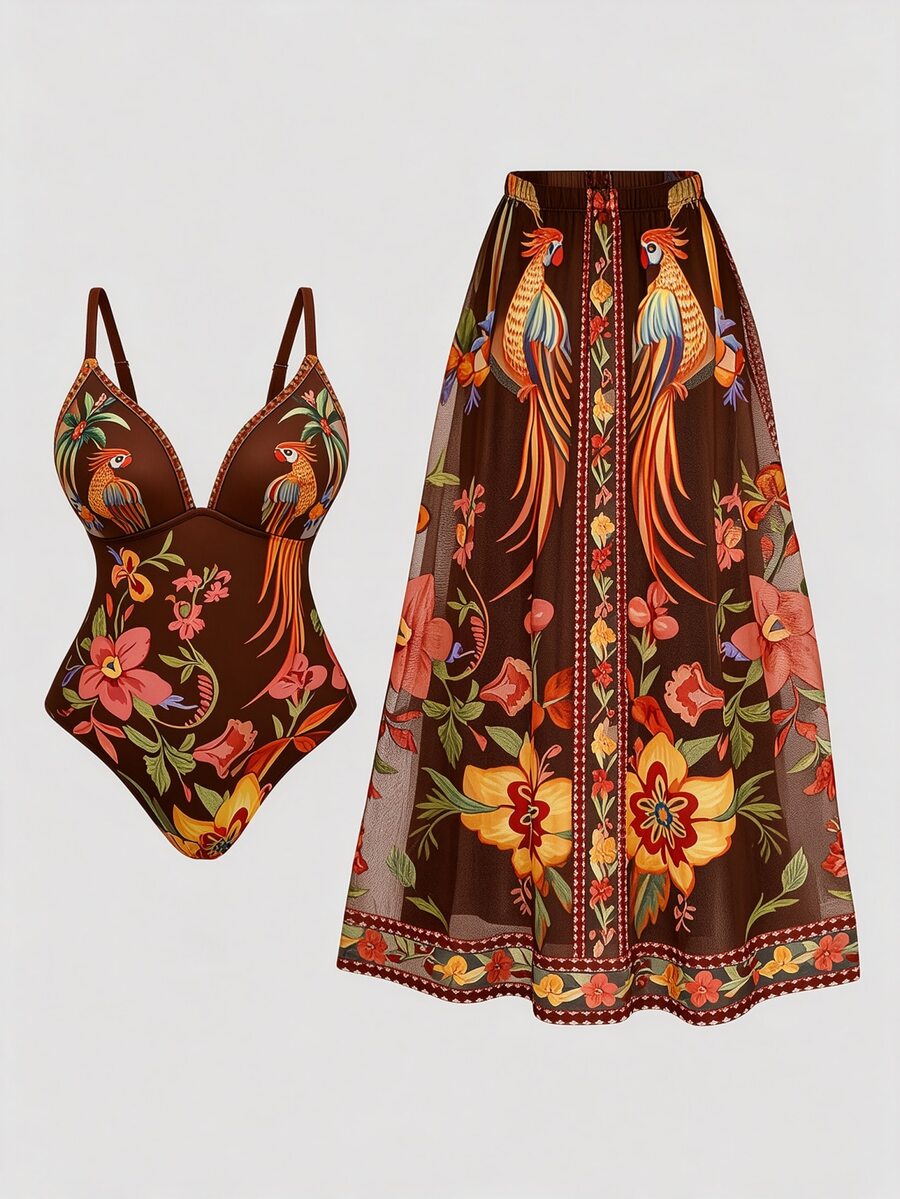 Swim Oasis Plus Size Women Floral Print One-Piece Swimsuit And Skirt, Suitable For Beach Vacation, Pool Party, Beach Party - Multicolor - View 1