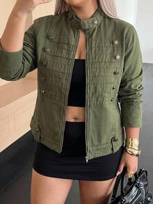 Dazy Plus Autumn Stand Collar Parka Jacket Green Button Decor Loose Casual Street Outdoor Denim Jacket - Army Green - View 4