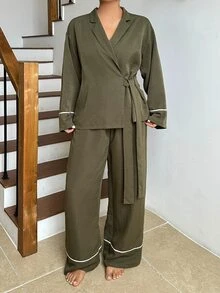 Dazy Plus Autumn/Winter Minimalist Loose Colorblock Patchwork Long Pants 2-Piece Set Loungewear Pajama Set - Army Green - View 7