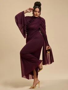 SHEIN BAE CURVE Đầm tay dài màu tím size lớn phong cách thanh lịch lãng mạn với độ rủ đẹp, phù hợp cho các dịp đặc biệt, đám cưới, tiệc tối và tiệc trang trọng mùa thu - Màu đỏ tím - Xem 6