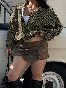 Muchica 法式格紋女款大尺碼夾克外套，休閒優雅，適合返校、辦公室、時尚與正式場合（秋冬） - 軍綠色 - 查看 3