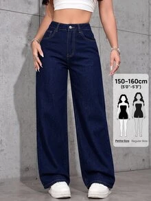 SHEIN PETITE 女款高腰口袋寬腿寬鬆休閒牛仔褲 - 深色水洗藍 - 查看 3