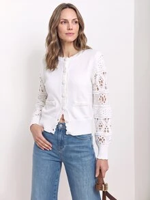 Dayvera Cardigan Rajut Wanita Model Patchwork Berongga Lengan Panjang Kancing Tunggal - Putih - View 5
