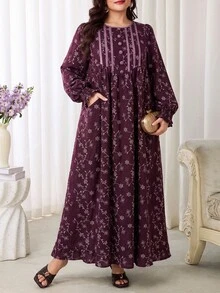 Al Najma Plus Size Women's Floral Pattern Button Design Pocket Arabian Dress - Burgundy - View 6