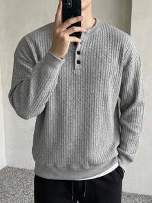 DAZY Spring/Autumn Round Neck Half-Zip Grey Floral Print Ribbed Cuff & Hem Pullover Sweatshirt For Men - Grey - View 6