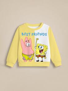 SpongeBob SquarePants | SHEIN 男嬰字母卡通印花圓領長袖運動衫 - 白色 - 查看 7