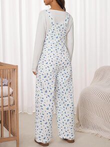 SHEIN جمبسوت كاجوال للارتداء اليومي بطبعة كاملة للحوامل - ازرق وابيض - مشاهدة 4