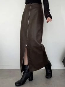 FRIFUL Women's Solid Color Slit Design Casual Daily Wear Skirt - Black - View 2