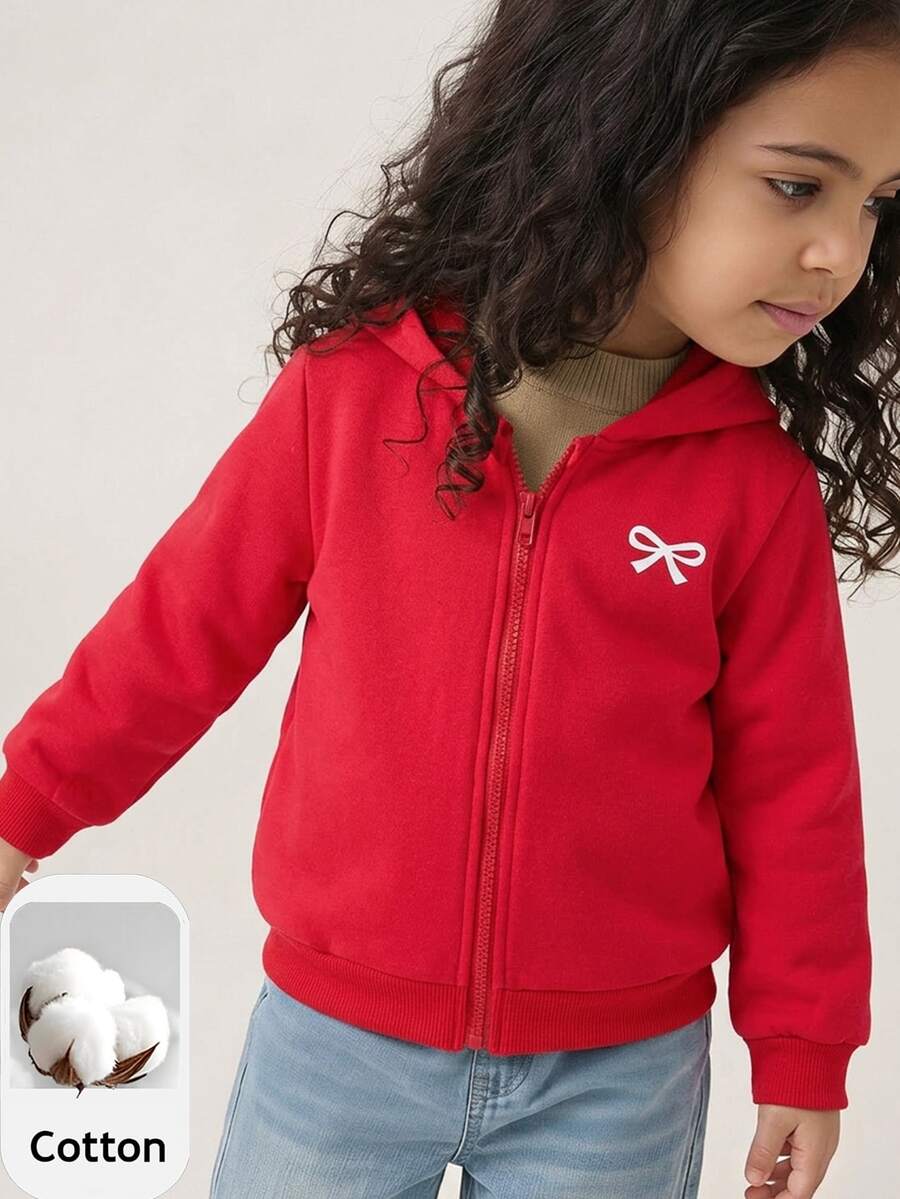 Maija Kids 1件少女休閒百搭舒適蝴蝶印花連帽拉鍊針織開襟衫,適合日常穿著、秋冬、室內、運動、攝影、假期、生日、聖誕節、開學季 - 紅色 - 查看 1