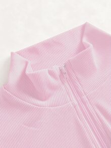 SHEIN Girlism 青少年女孩秋季粉色羅紋針織長袖拉鍊夾克配假領微喇褲套裝，青少年女孩套裝 - 粉色 - 查看 4