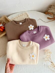 SHEIN 女童 3件組 針織純色圓領寬鬆休閒衛衣套裝 秋冬款 - 彩色 - 查看 3