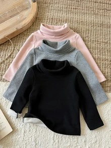 SHEIN 3件組幼兒女嬰高領上衣 可愛粉色灰色黑色純色抓絨內裡長袖假領加厚冬季舒適秋季套頭上衣 - 粉色 - 查看 9