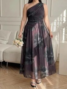 Dazy Plus Floral Print Asymmetrical Shoulder Sleeveless Elegant Fitted Party Dress - Dusty Purple - View 3