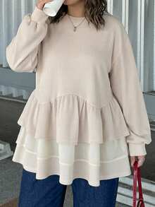 Dazy Plus Korean Style Patchwork Frill Trim Loose Long Sleeve T-Shirt For Girls - Beige - View 4