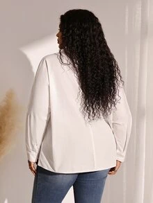 BrightlyHer Plus Size White Button Front Shirt Collar Extra Long Sleeve Blouse Elegant Office Fall Winter 2026 - White - View 2