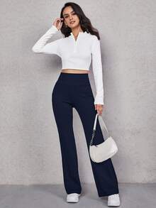 SHEIN EZwear 女款休閒日常通勤極簡純色高腰喇叭褲 - 藏蓝色 - 查看 4
