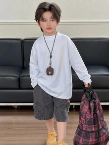 DAZY 青少年男孩純色休閒百搭日常長袖T恤 - 白色 - 查看 5