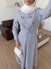 Solavon Women's Embroidered Design Striped Long Sleeve Button Half-Placket Casual Shirt Long Dress - Blue and White - View 5