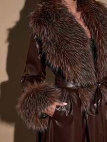 SHEIN BAE Women's Plush Patchwork Casual Versatile Daily Commute Trench Coat Jacket - Brown - View 5