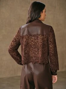 Anewsta Women's Autumn/Winter PU Contrast Lace Blouse - Brown - View 7