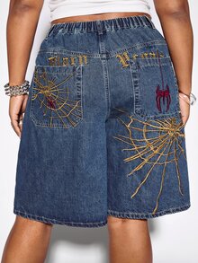 ROMWE Street Life Y2K Vintage Unisex Street Punk Spider Web Embroidered Loose Wide Leg Plus Size Women's Denim Mid-Length Pants - Blue - View 1