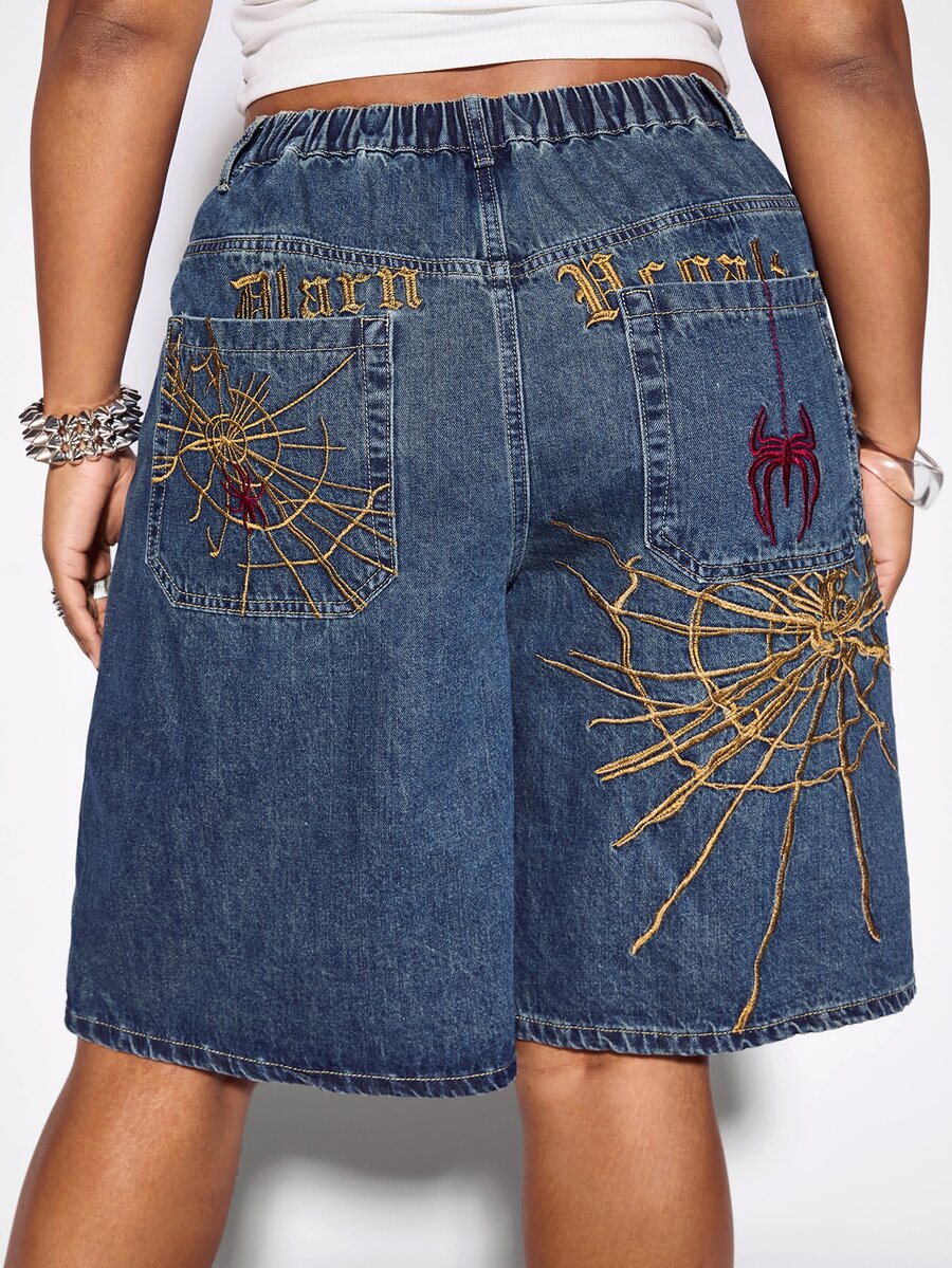 ROMWE Street Life Y2K Vintage Unisex Street Punk Spider Web Embroidered Loose Wide Leg Plus Size Women's Denim Mid-Length Pants - Blue - View 1