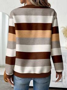 EMERY ROSE Plus Size Women Casual Textured Striped Print Zip-Up Crew Neck Sweatshirt, American Minimalist Style Fall - Multicolor - View 2