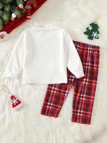Young Boy Christmas Pattern Knitted Soft Crew Neck Long Sleeve Pullover Top & Plaid Pants 2 Pieces Set, Versatile And Comfortable Baby - White - View 2