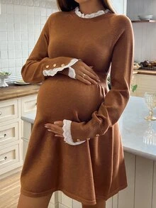 SHEIN 孕婦蕾絲拼接 A 字針織長袖洋裝，休閒日常穿著冬季款 - 棕色 - 查看 3