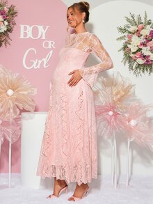 Loomaby 孕婦圓領喇叭袖拼接荷葉邊優雅蕾絲洋裝 性別揭曉禮服 孕婦洋裝 嬰兒派對洋裝 秋季 - 粉色 - 查看 1