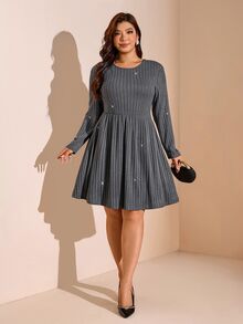 SHEIN LUNE Plus Size Women's Dress, All Season Long Sleeve Round Neck Umbrella Skirt Knee Length With Pockets Ribbed Shiny Casual Daily Party Fall - Grey - View 8