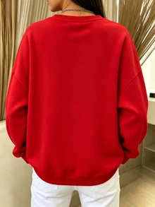 SHEIN LUNE 女款新款冬季紅色圓領衛衣－寬鬆版型長袖套頭衫，創意新年圖案印花與羅紋袖口－休閒日常穿著 - 黑色 - 查看 2