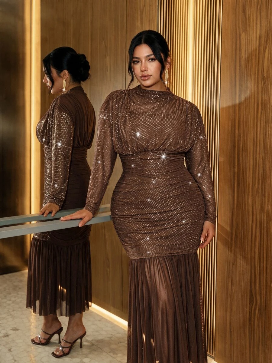 Firerie Plus Size Elegant Sequin Pleated Dress For Evening Party - Coffee Brown - View 1