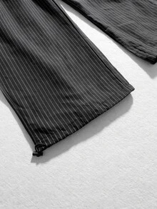 ROMWE MEN Essentials Men's Dark Striped Pleated Waist Tie Wide Leg Loose Pants - Navy Blue - View 5