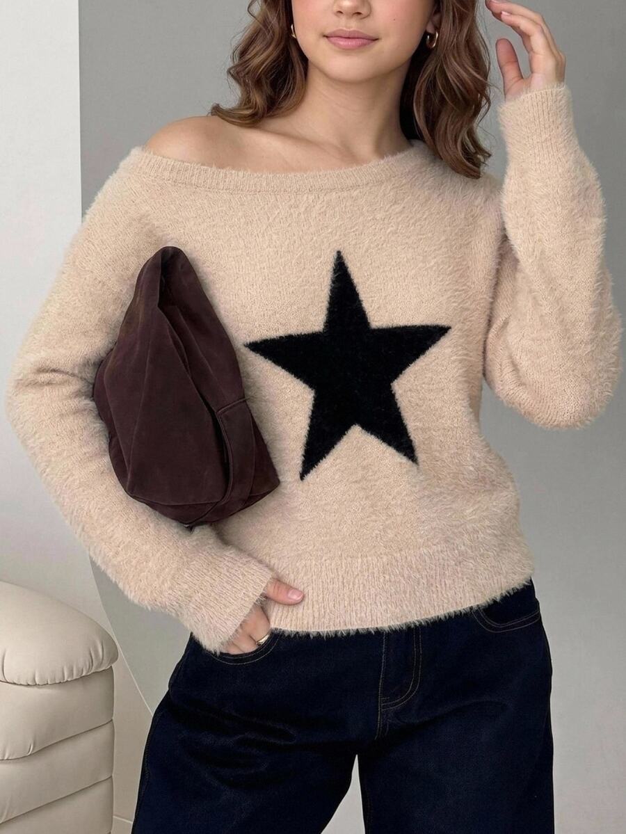 SHEIN 青少年女孩秋冬五角星圖案寬鬆U領落肩休閒日常名人風毛衣 - 杏色 - 查看 1
