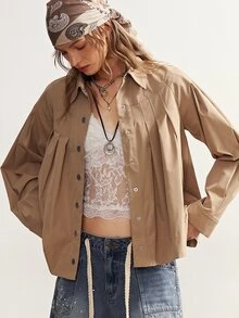 Bohemela Women's Solid Color Long Sleeve Pleated Design Single-Breasted Casual Regular Fit Jacket - Khaki - View 7