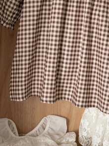 SHEIN Genkimix Kids 1件女童秋季新款清新格紋寬鬆長袖洋裝，彈性袖口、精緻領口、後開襟設計，清新時尚學院風，適合外出與通勤，百搭 - 彩色 - 查看 6