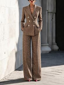 Balvessa Women's Plaid Long Sleeve Jacket And Pants Casual Suit Set - Coffee Brown - View 3
